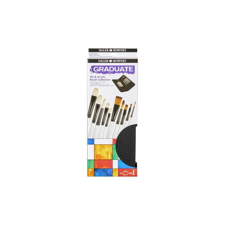 Daler Rowney Graduate Pack de 10 Pinceles Multitecnica - Pelo de Cerda y Pelo Sintetico - Mango Largo - Estuche con Cremallera