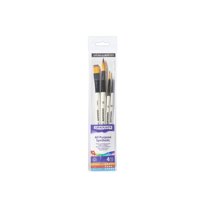 Daler Rowney Graduate Pack de 4 Pinceles Multitecnica - Pelo Sintetico - Mango Corto