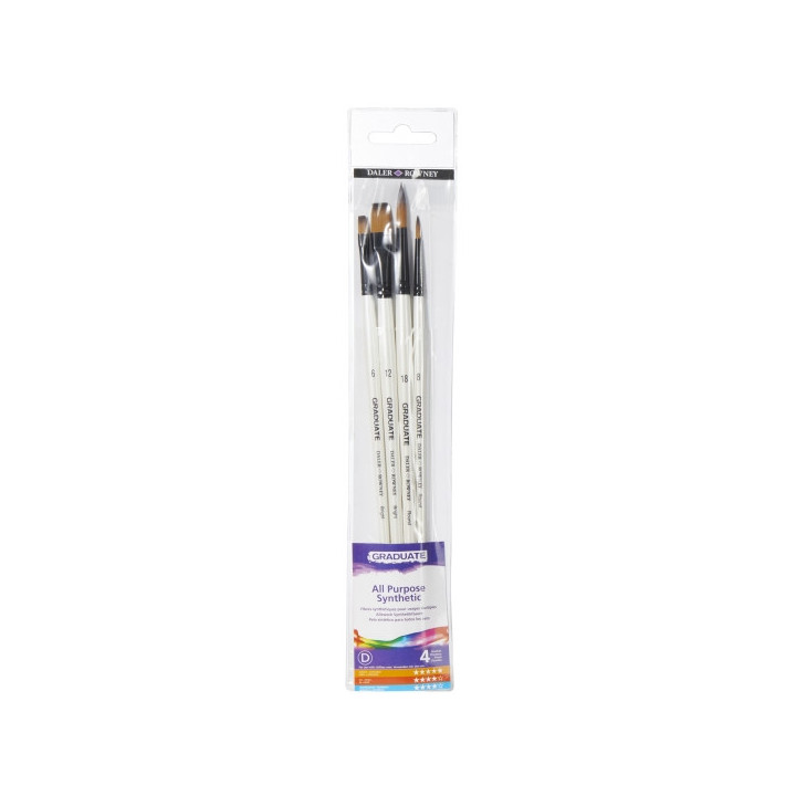 Daler Rowney Graduate Pack de 4 Pinceles Multitecnica - Pelo Sintetico - Mango Largo