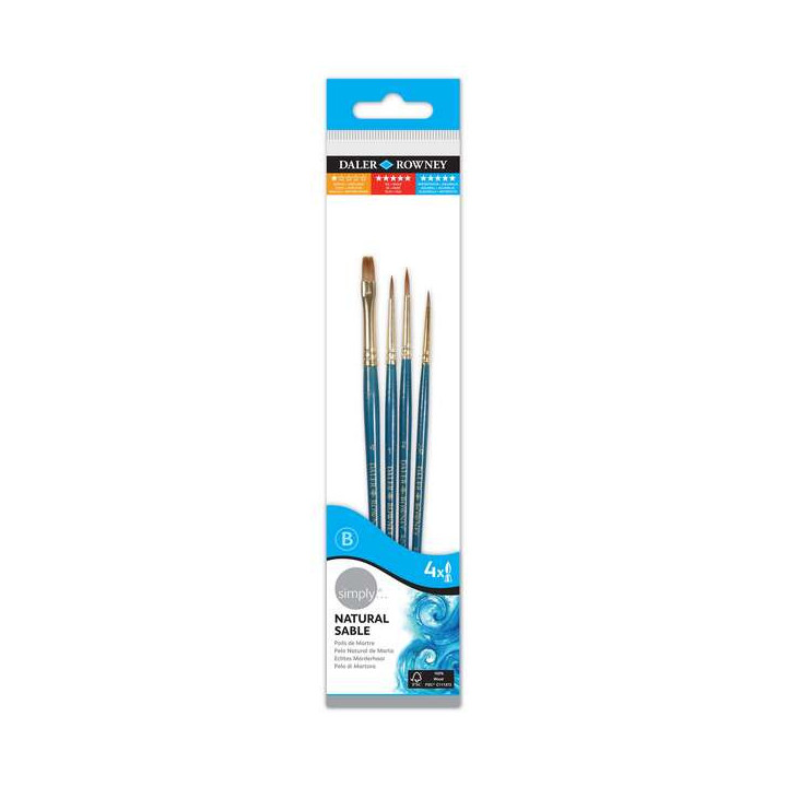 Daler Rowney Simply Pack de 4 Pinceles de Marta - Diseño Ergonomico - Color Azul