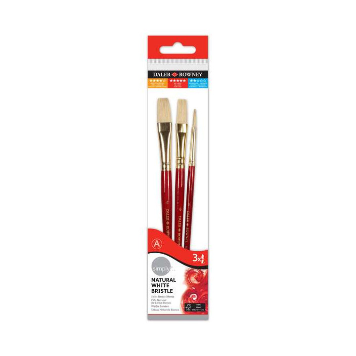 Daler Rowney Simply Pack de 3 Pinceles de Pelo Natural T-2 - Cerda Blanca - Diseño Ergonomico - Color Marron