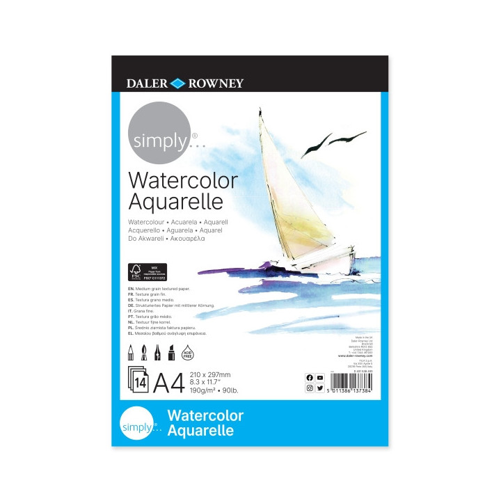 Daler Rowney Simply Bloc Encolado para Acuarela - A4 - 190g - 14 Hojas - Color Blanco
