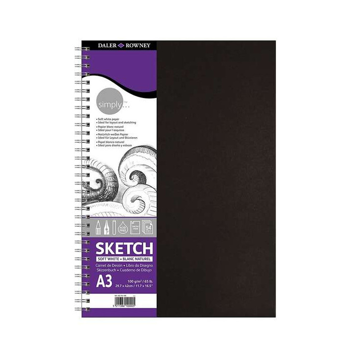 Daler Rowney Simply Cuaderno de Dibujo A3 - Cubierta Rigida con Encuadernacion en Espiral 100g/m2 - Color Blanco