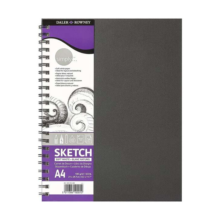 Daler Rowney Simply Cuaderno de Dibujo A4 100g/m2 - Cubierta Rigida con Encuadernacion en Espiral - Color Blanco