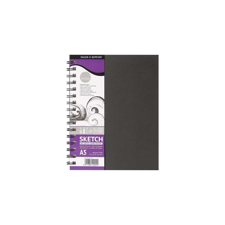 Daler Rowney Simply Cuaderno de Dibujo A5 100g/m2 - Cubierta Rigida con Encuadernacion en Espiral - Color Blanco