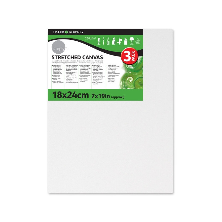 Daler Rowney Simply Pack de 3 Bastidores Entelados- 18x24cm - Imprimacion Triple - Grano Medio - 100% Algodon sin Acido - 250g