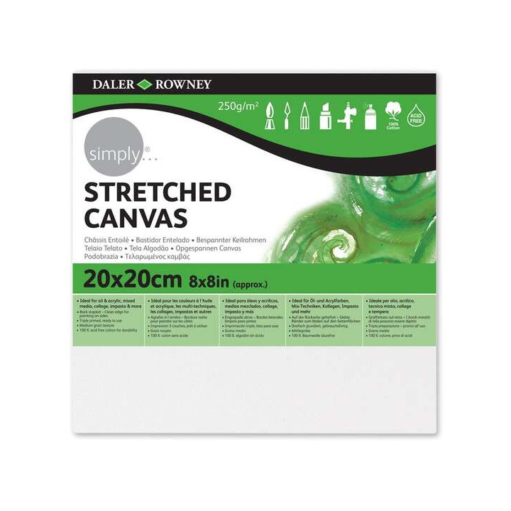 Daler Rowney Simply Bastidor Entelado 20x20cm - Imprimacion Triple - Grano Medio - 100% Algodon sin Acido - 250g