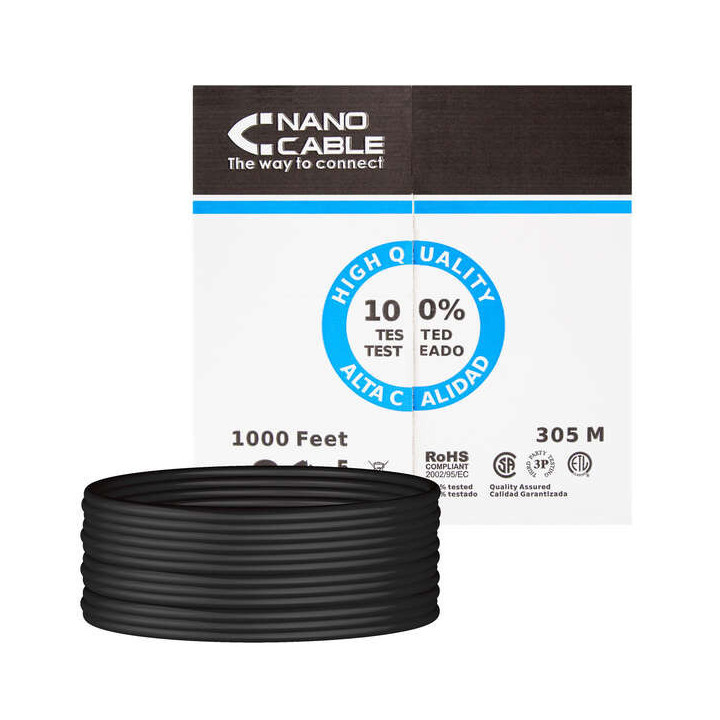 Nanocable Bobina de Cable de Red Rigido Impermeable para Exterior RJ45 Cat.6 UTP AWG24 305m - Color Negro