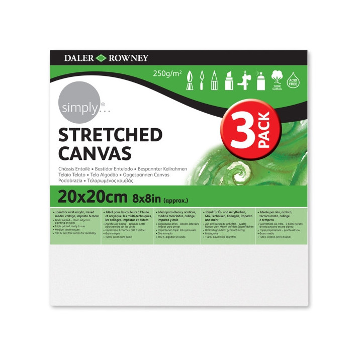 Daler Rowney Simply Pack de 3 Bastidores Entelados- 20x20cm - Imprimacion Triple - Grano Medio - 100% Algodon sin Acido - 250g