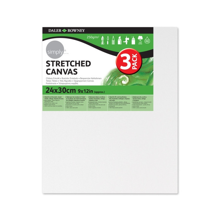 Daler Rowney Simply Pack de 3 Bastidores Entelados- 24x30cm - Imprimacion Triple - Grano Medio - 100% Algodon sin Acido - 250g