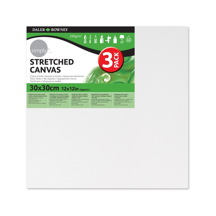 Daler Rowney Simply Pack de 3 Bastidores Entelados- 30x30cm - Imprimacion Triple - Grano Medio - 100% Algodon sin Acido - 250g