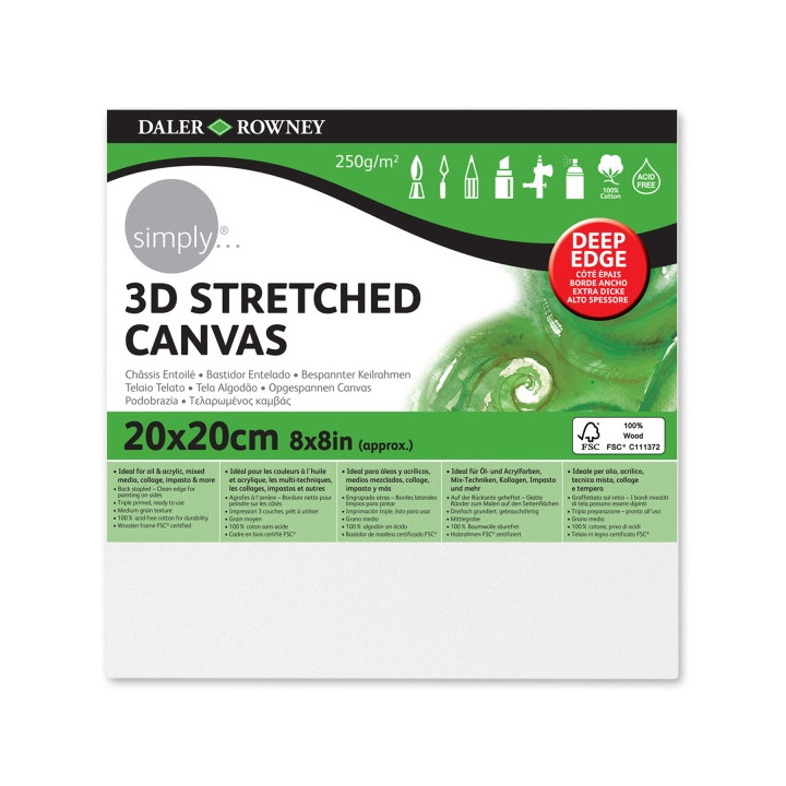 Daler Rowney Simply Bastidor Entelado 3D - 20x20cm - Imprimacion Triple - Grano Medio - 100% Algodon sin Acido - 250g - Color B