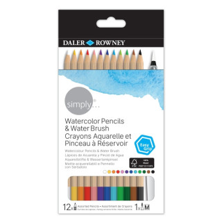 Daler Rowney Simply Pack de 12 Lapices Colores Acuarelables - Incluye Pincel Rellenable - Colores Surtidos