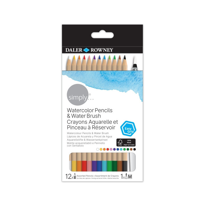 Daler Rowney Simply Pack de 12 Lapices Colores Acuarelables - Incluye Pincel Rellenable - Colores Surtidos