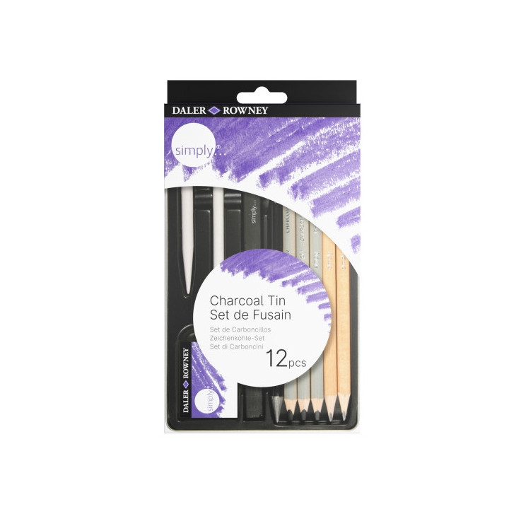 Daler Rowney Simply Pack de 12 Lapices para Esbozo y Carboncillos - Bote Metalico - Color Negro