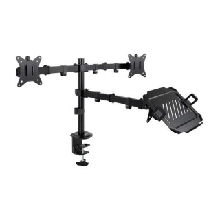 Tooq Soporte de Mesa para 2 Monitores de 17"-32" + Bandeja para Portatil - Gestion de Cables - Peso Max 9kg x Brazo - VESA 100x