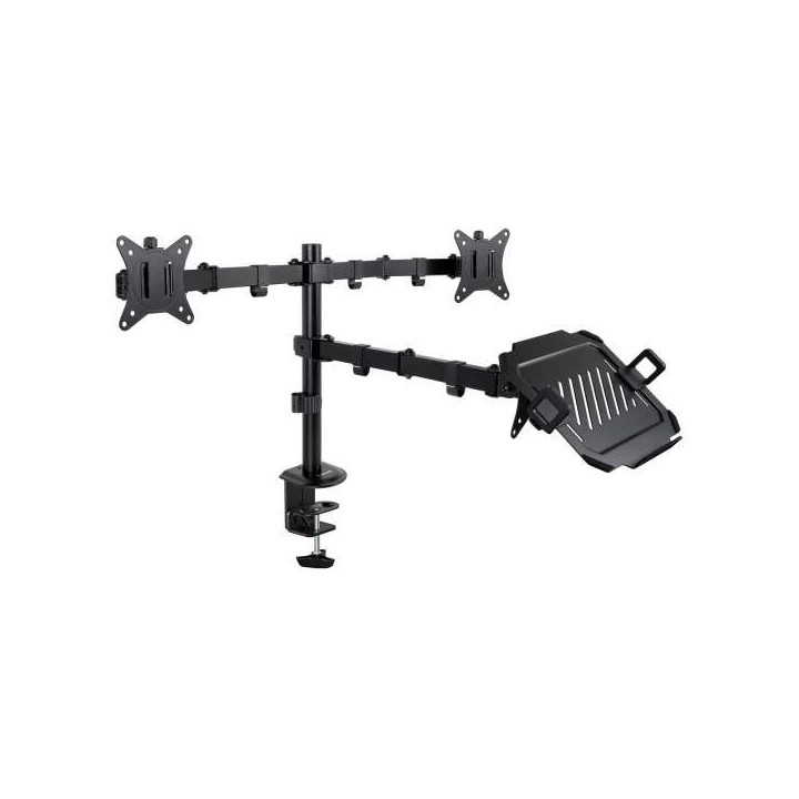 Tooq Soporte de Mesa para 2 Monitores de 17"-32" + Bandeja para Portatil - Gestion de Cables - Peso Max 9kg x Brazo - VESA 100x