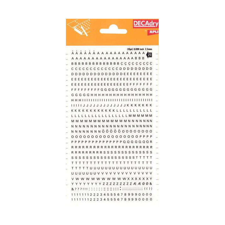 Apli Letras y Numeros Transferibles - 2.5mm - 731 Caracteres - Facil Aplicacion y Gran Adherencia - Negros