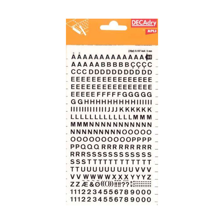 Apli Letras y Numeros Transferibles - 5mm - 339 Caracteres - Negros