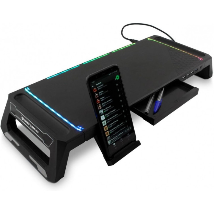 DeepGaming SN06 Soporte para Monitor - Ajustable 2 Alturas - Iluminacion RGB - 3 Puertos USB 2.0 + 1 Puerto USB 3.0 - Color Neg