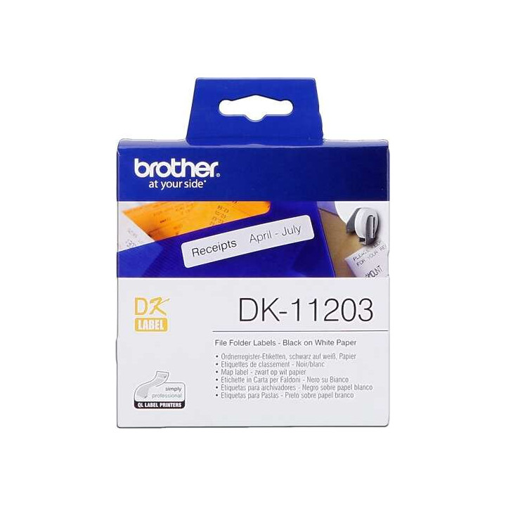 Brother DK11203 - Etiquetas Originales Precortadas para Carpetas - 17x87 mm - 300 Unidades - Texto negro sobre fondo blanco