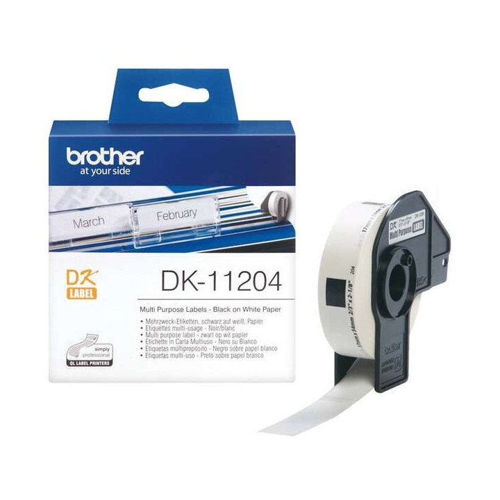 Brother DK11204 - Etiquetas Originales Precortadas Multiproposito - 17x54 mm - 400 Unidades - Texto negro sobre fondo blanco