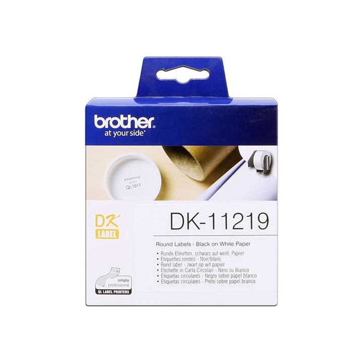 Brother DK11219 - Etiquetas Originales Precortadas Circulares - 12 mm de Diametro - 1200 Unidades - Texto negro sobre fondo bla