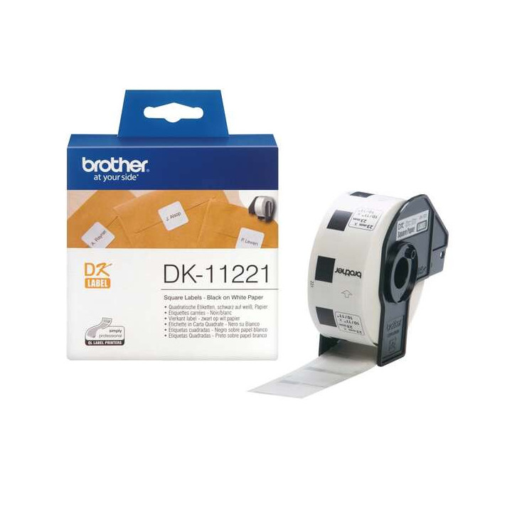 Brother DK11221 - Etiquetas Originales Precortadas Cuadradas - 23x23 mm - 1000 Unidades - Texto negro sobre fondo blanco