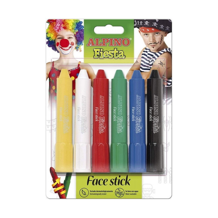 Alpino Fiesta Face Stick Pack con 6 Barritas de Pintura Facial - Sistema Retractil Giratorio - Se Lava con Agua - Testado Derma
