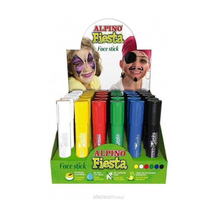 Alpino Fiesta Face Stick Expositor con 36 Barritas de Pintura Facial - Sistema Retractil Giratorio - Se Lava con Agua - Testado