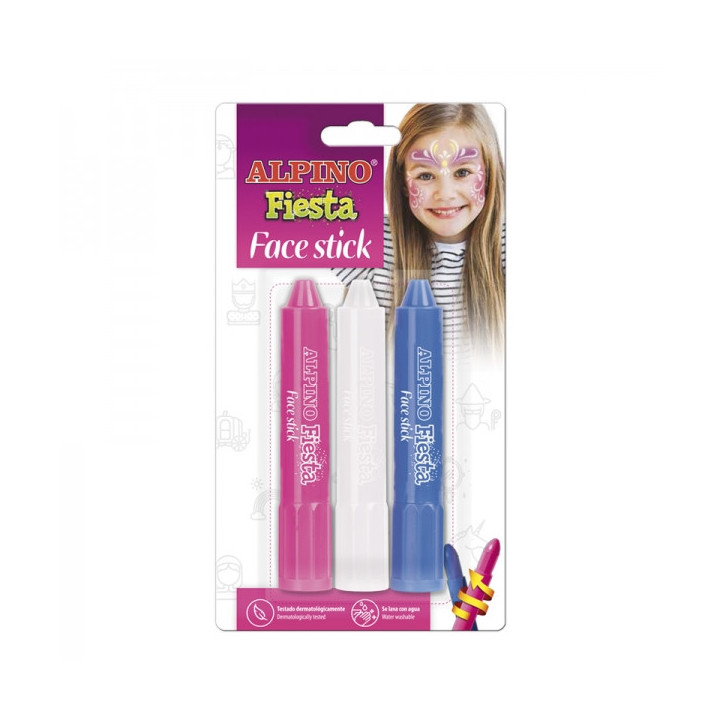 Alpino Fiesta Face Stick Pack con 3 Barritas de Pintura Facial - Sistema Retractil Giratorio - Se Lava con Agua - Testado Derma