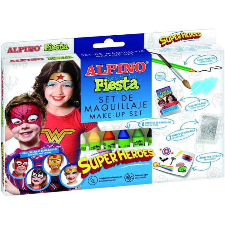 Alpino Fiesta Superheroes Pack de Maquillaje con 6 Barritas de Pintura Facial + Pincel + Tatuajes en Calcomania + Lapiz Perfila