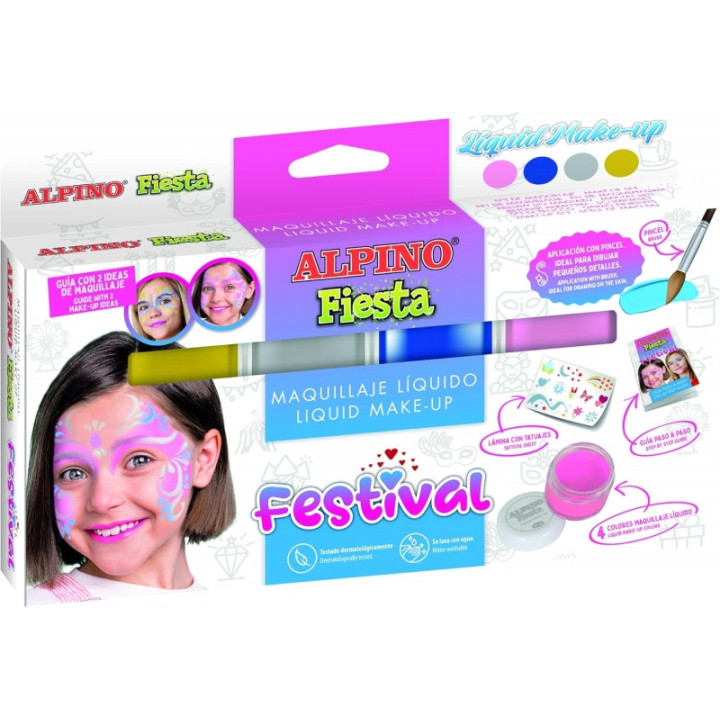 Alpino Fiesta Festival Pack de 4 Botes de Maquillaje Liquido de Diferentes Colores + Pincel + Guia de Ideas - Se Lava con Agua