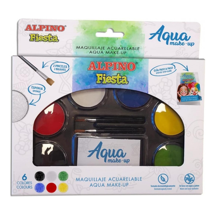 Alpino Fiesta Aqua Make-up Pack con Paleta de Maquillaje Acuarelable con 6 Colores + 2 Pinceles + Esponja y Guia de Uso - Se La