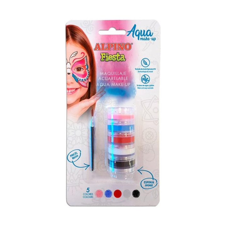 Alpino Fiesta Aqua Make-up Pack Torre de Maquillaje Facial Acuarelable con 5 Colores Diferentes + Pincel + Esponja - Se Lava co
