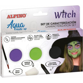Alpino Aqua Make Up Set de Caracterizacion de Bruja - 3 Polveras + Cera Negra + Pincel + Esponja