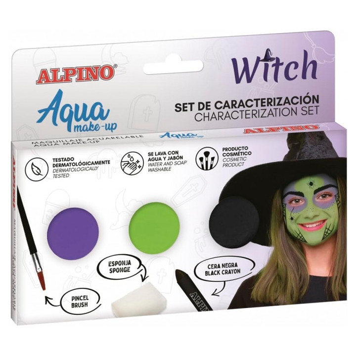 Alpino Aqua Make Up Set de Caracterizacion de Bruja - 3 Polveras + Cera Negra + Pincel + Esponja