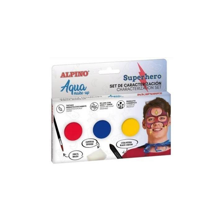 Alpino Aqua Make Up Set de Caracterizacion de Superheroes - 3 Polveras + Cera Negra + Pincel + Esponja
