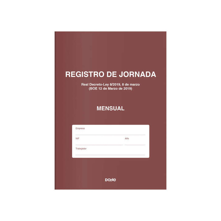 Dohe Libro de Registro de Jornada - 12 Hojas Mensuales - Ideal para 1 Empleado 1 Año - Papel de 120 gr