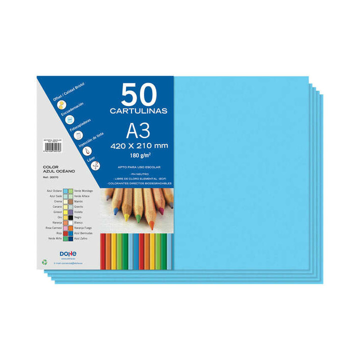 Dohe Pack de 50 Cartulinas A3 - Gramaje de 180g - Libres de Cloro - Colorantes Biodegradables - Color Azul Oceano
