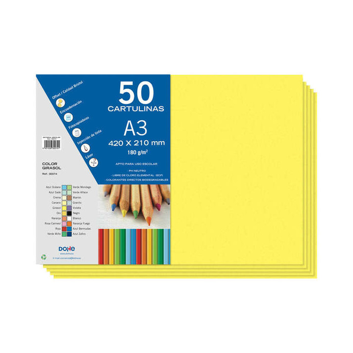 Dohe Cartulinas A3 - 50 Hojas - Gramaje de 180g - Ideal para Manualidades y Proyectos Escolares