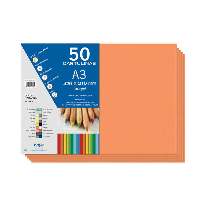Dohe Cartulinas A3 - 50 Hojas - Gramaje de 180g - Color Naranja