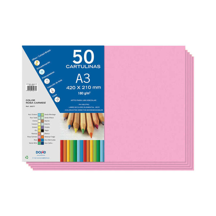 Dohe Cartulinas A3 - 50 Hojas - Gramaje de 180g - Ideal para Manualidades - Color Rosa