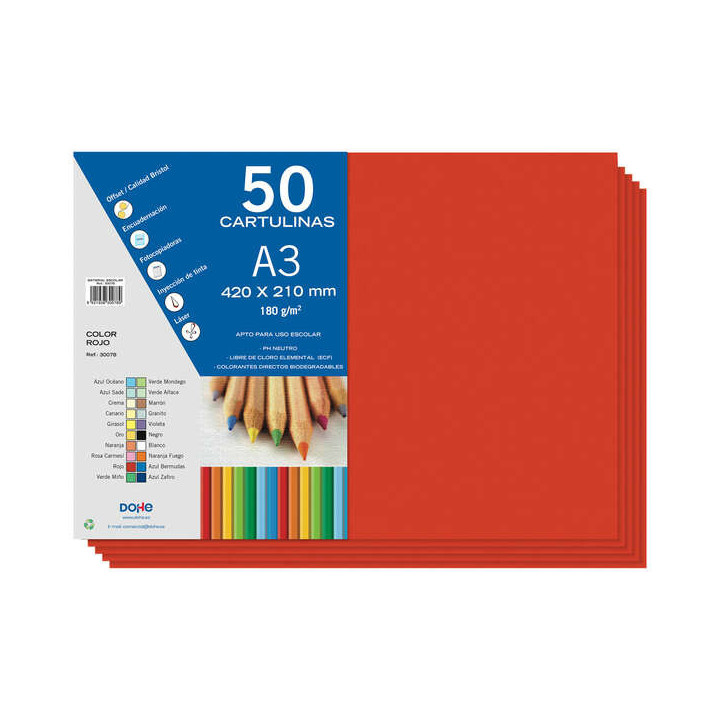 Dohe Cartulinas A3 - 50 Hojas - Gramaje de 180g - Color Rojo
