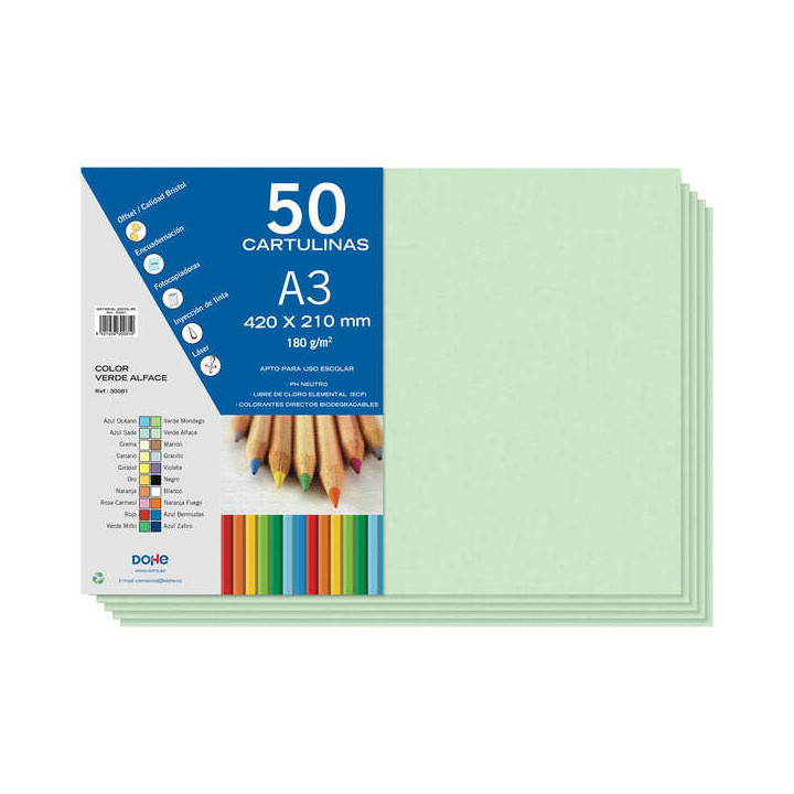 Dohe Pack de 50 Cartulinas A3 de 180gr - Con PH Neutro - Libres de Cloro Elemental - Color Verde Alface
