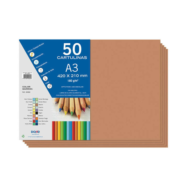 Dohe Pack de 50 Cartulinas A3 de 180gr - Con PH Neutro - Libres de Cloro Elemental - Color Marron