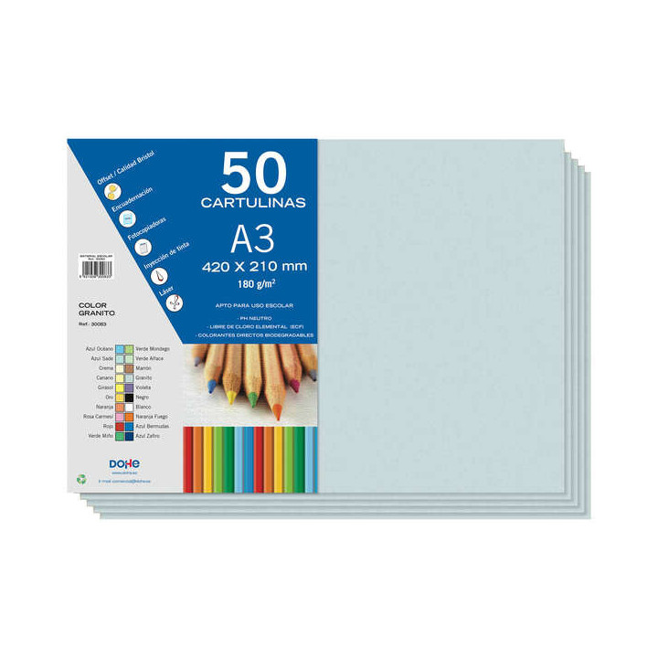 Dohe Pack de 50 Cartulinas A3 de 180gr - Con PH Neutro - Libres de Cloro Elemental - Color Granito