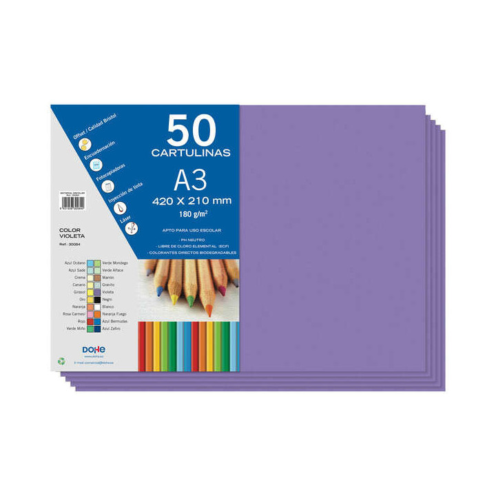 Dohe Pack de 50 Cartulinas A3 de 180gr - Con PH Neutro - Libres de Cloro Elemental - Color Violeta