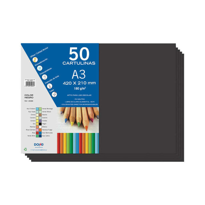 Dohe Pack de 50 Cartulinas A3 de 180gr - Con PH Neutro - Libres de Cloro Elemental - Color Negro