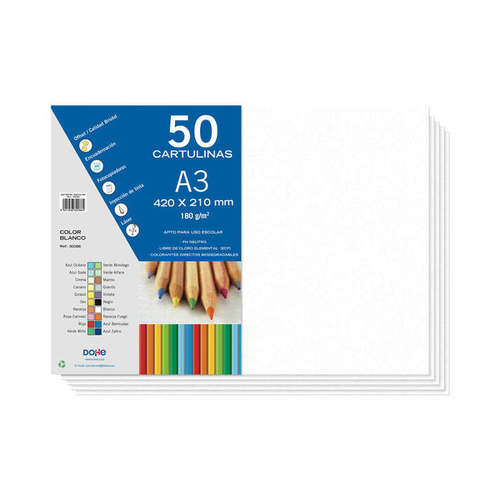 Dohe Pack de 50 Cartulinas A3 de 180gr - Con PH Neutro - Libres de Cloro Elemental - Color Blanco